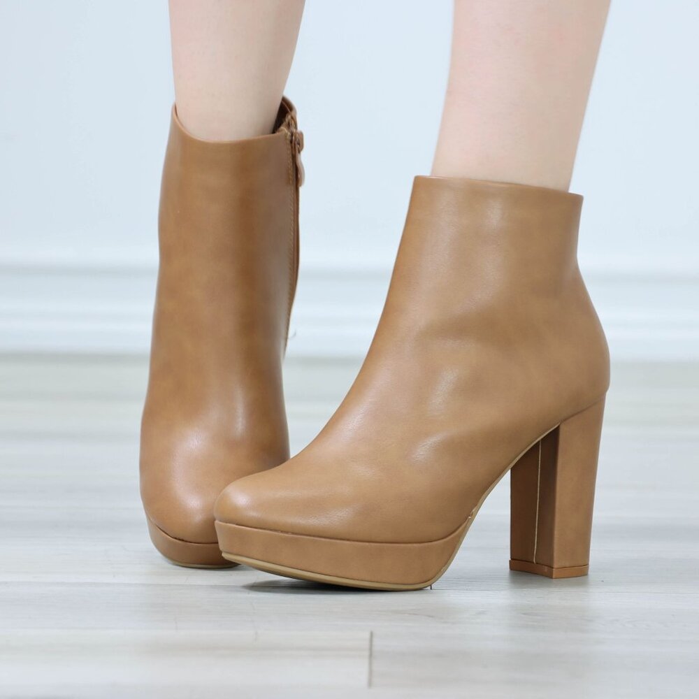 Womens Platform High Heeled Bootie Zip Up Tan Ankle Boots Block Heel - Picture 10 of 12